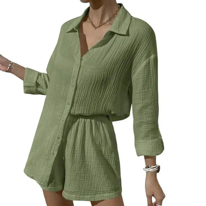 LARA | WRINKLED FABRIC LAPEL SHIRT & HIGH-WAISTED DRAWSTRING SHORTS SUIT