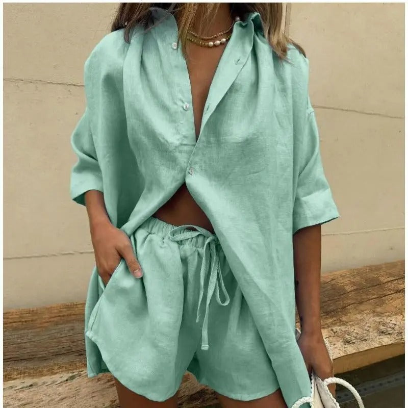 Olivia | Solid Colour Cotton Shirt & Wide-Leg Shorts Two-Piece Set