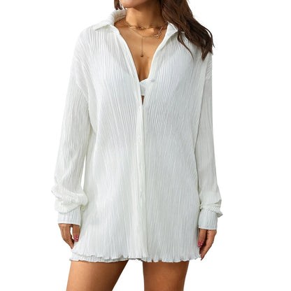 SOPHIA | RUCHED LONG-SLEEVE BUTTON-DOWN SHIRT & SHORTS SUIT