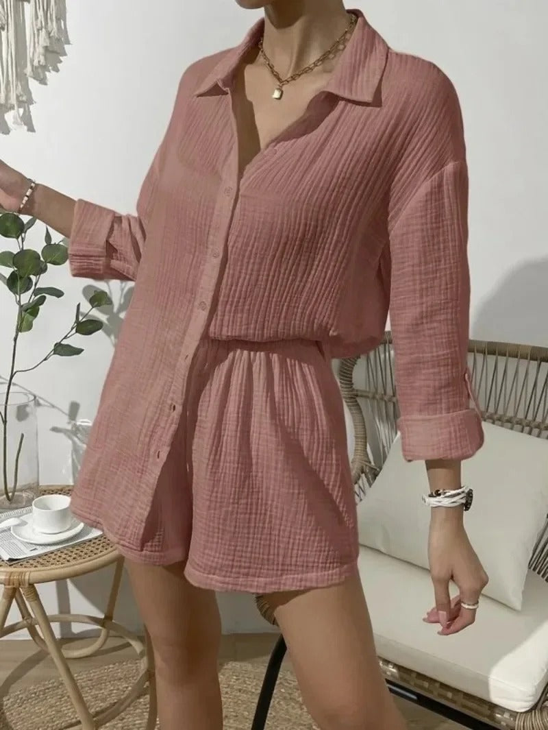 Elara | Solid Colour Long Sleeve Shirt & Loose Shorts Two-Piece Set