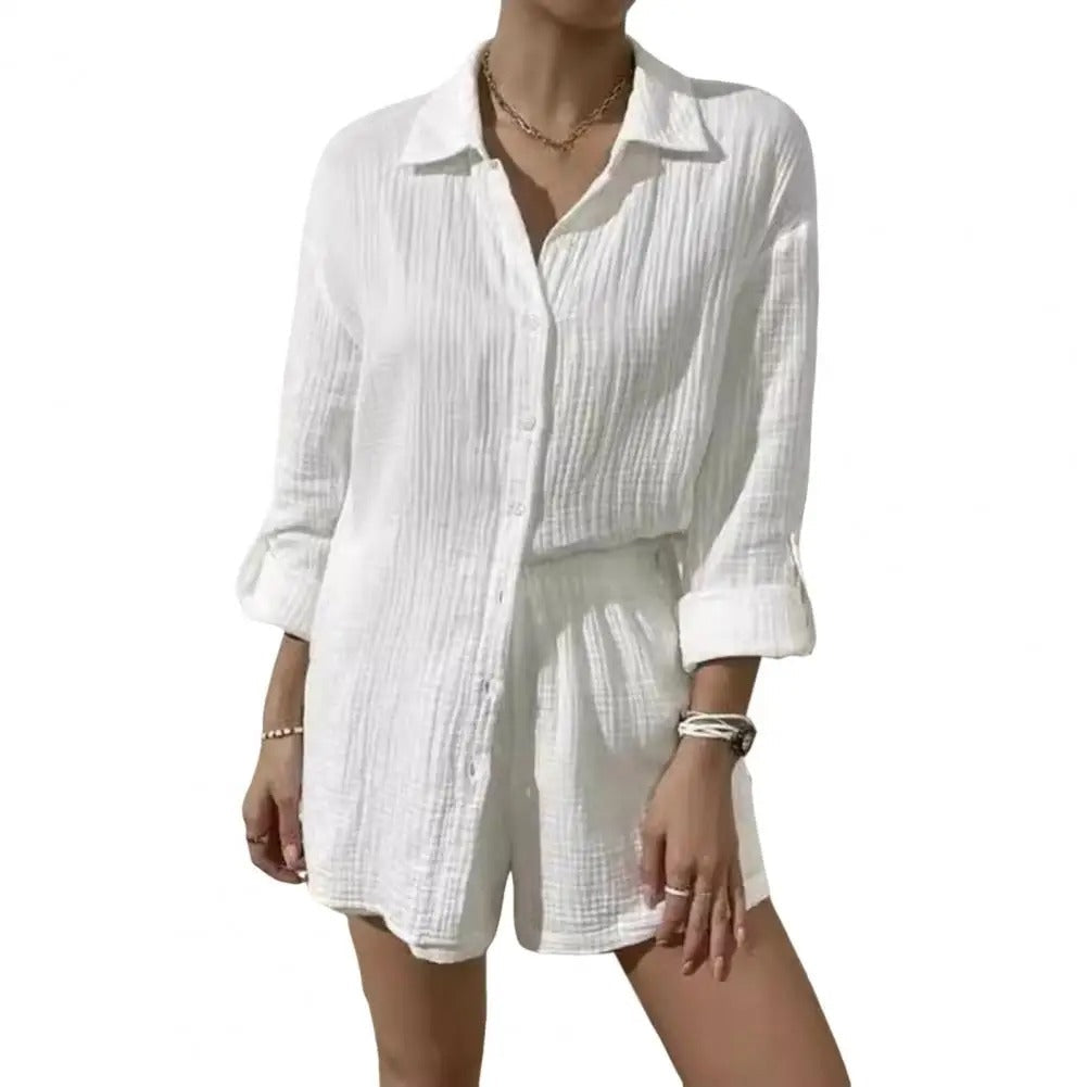 LARA | WRINKLED FABRIC LAPEL SHIRT & HIGH-WAISTED DRAWSTRING SHORTS SUIT