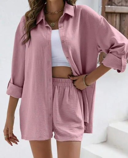 Marina | Roll-Up Sleeve Shirt & High-Waist Shorts Two-Piece Set