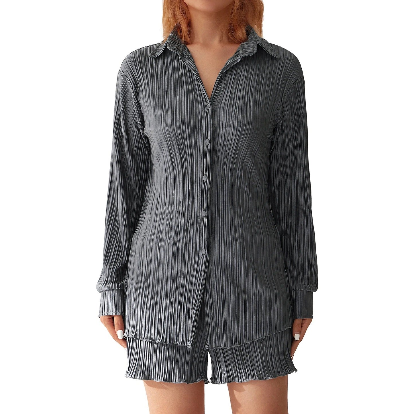 SOPHIA | RUCHED LONG-SLEEVE BUTTON-DOWN SHIRT & SHORTS SUIT