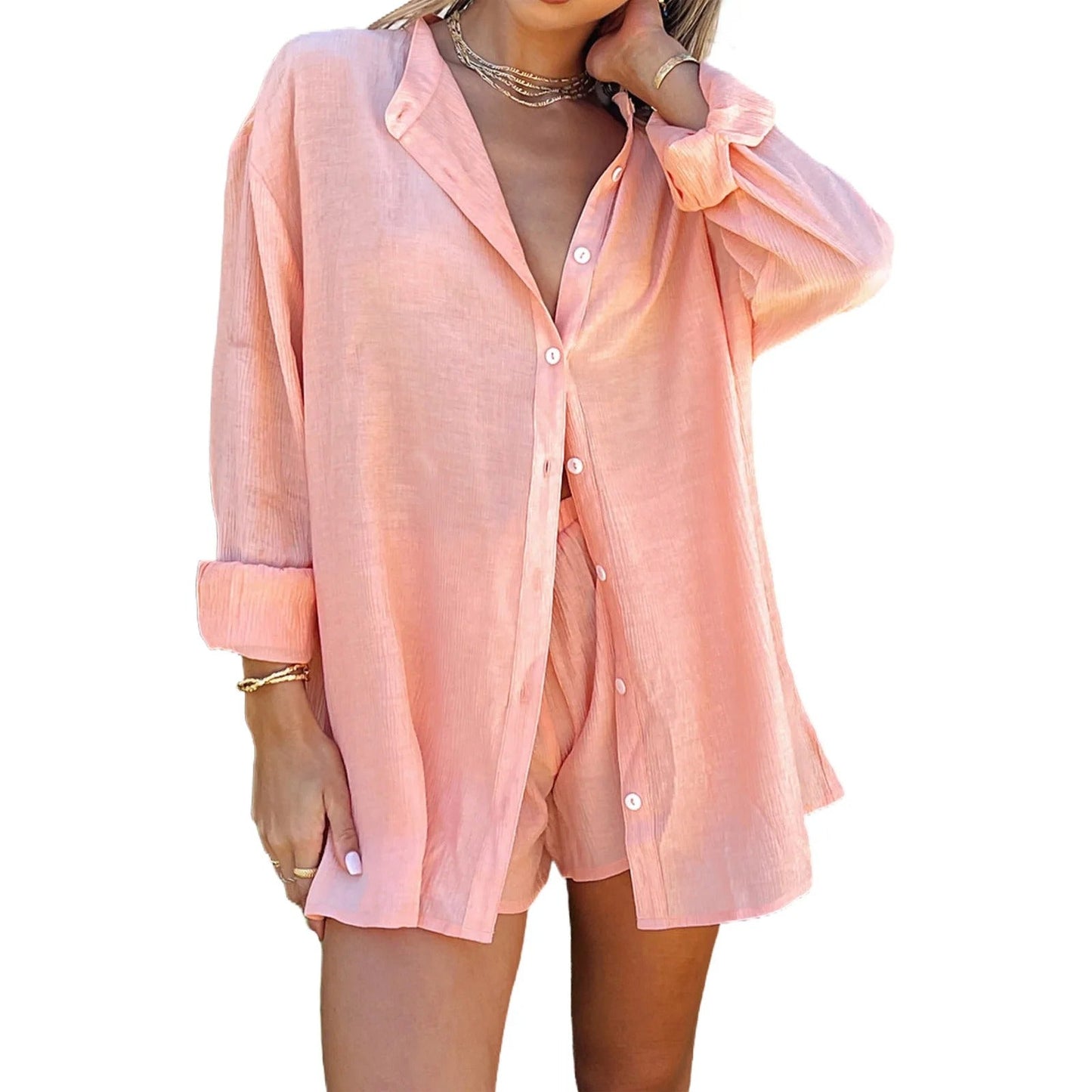 Layla | Cotton & Linen Button-Up Shirt & Drawstring Shorts Set