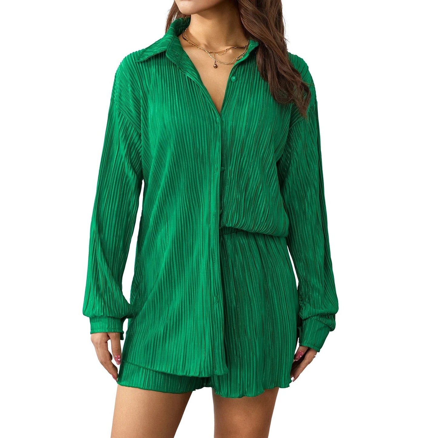 SOPHIA | RUCHED LONG-SLEEVE BUTTON-DOWN SHIRT & SHORTS SUIT