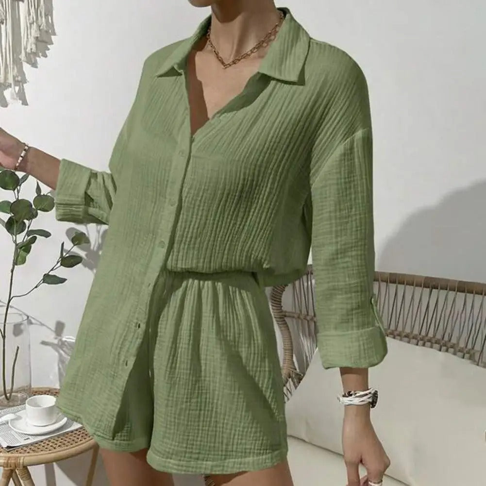 LARA | WRINKLED FABRIC LAPEL SHIRT & HIGH-WAISTED DRAWSTRING SHORTS SUIT