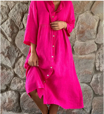 New cotton and linen solid color casual button long dress