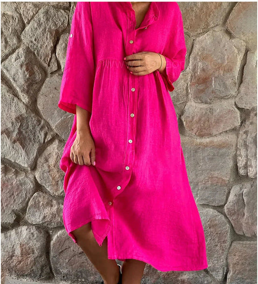 New cotton and linen solid color casual button long dress