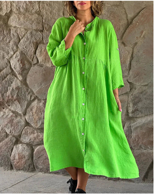 New cotton and linen solid color casual button long dress