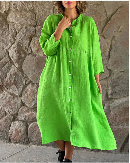 New cotton and linen solid color casual button long dress