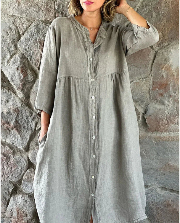 New cotton and linen solid color casual button long dress