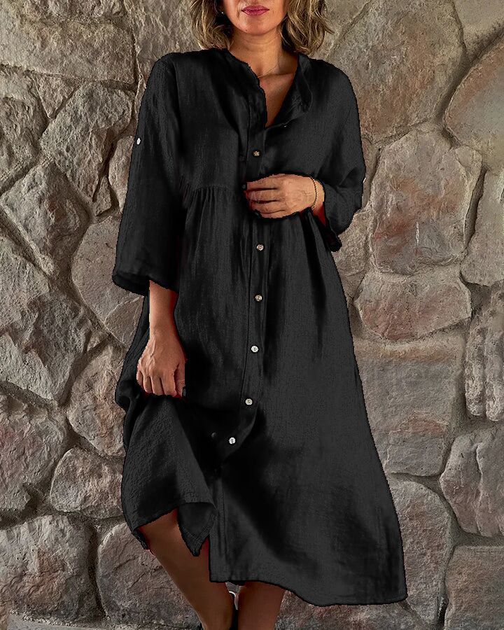 New cotton and linen solid color casual button long dress