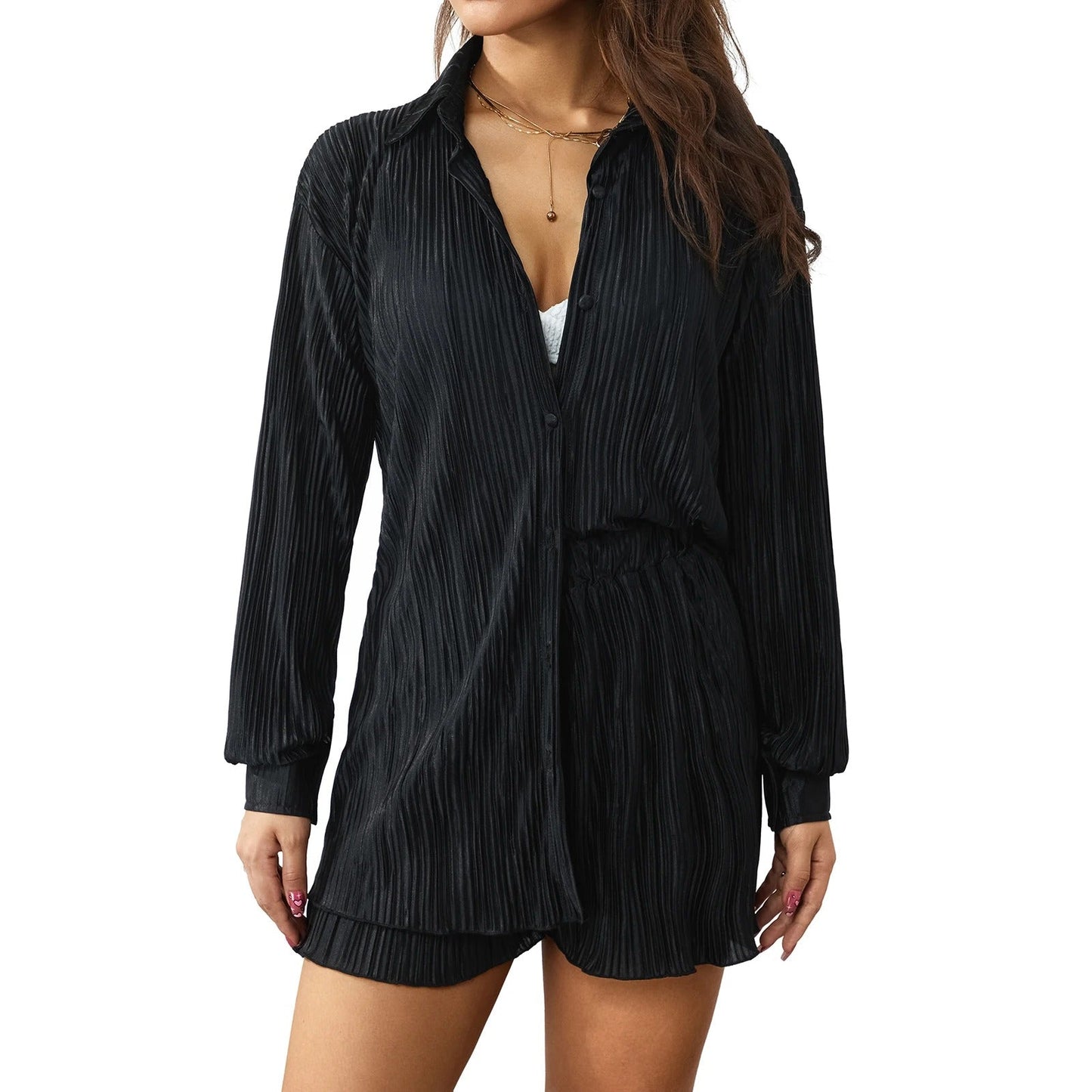 SOPHIA | RUCHED LONG-SLEEVE BUTTON-DOWN SHIRT & SHORTS SUIT