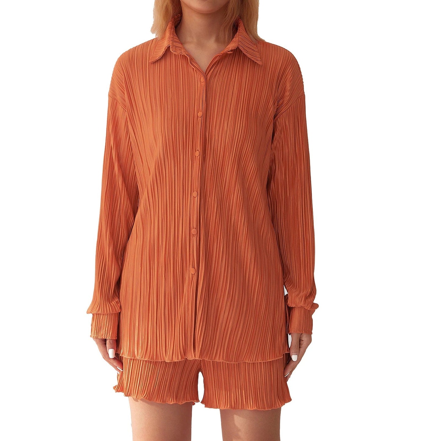 SOPHIA | RUCHED LONG-SLEEVE BUTTON-DOWN SHIRT & SHORTS SUIT