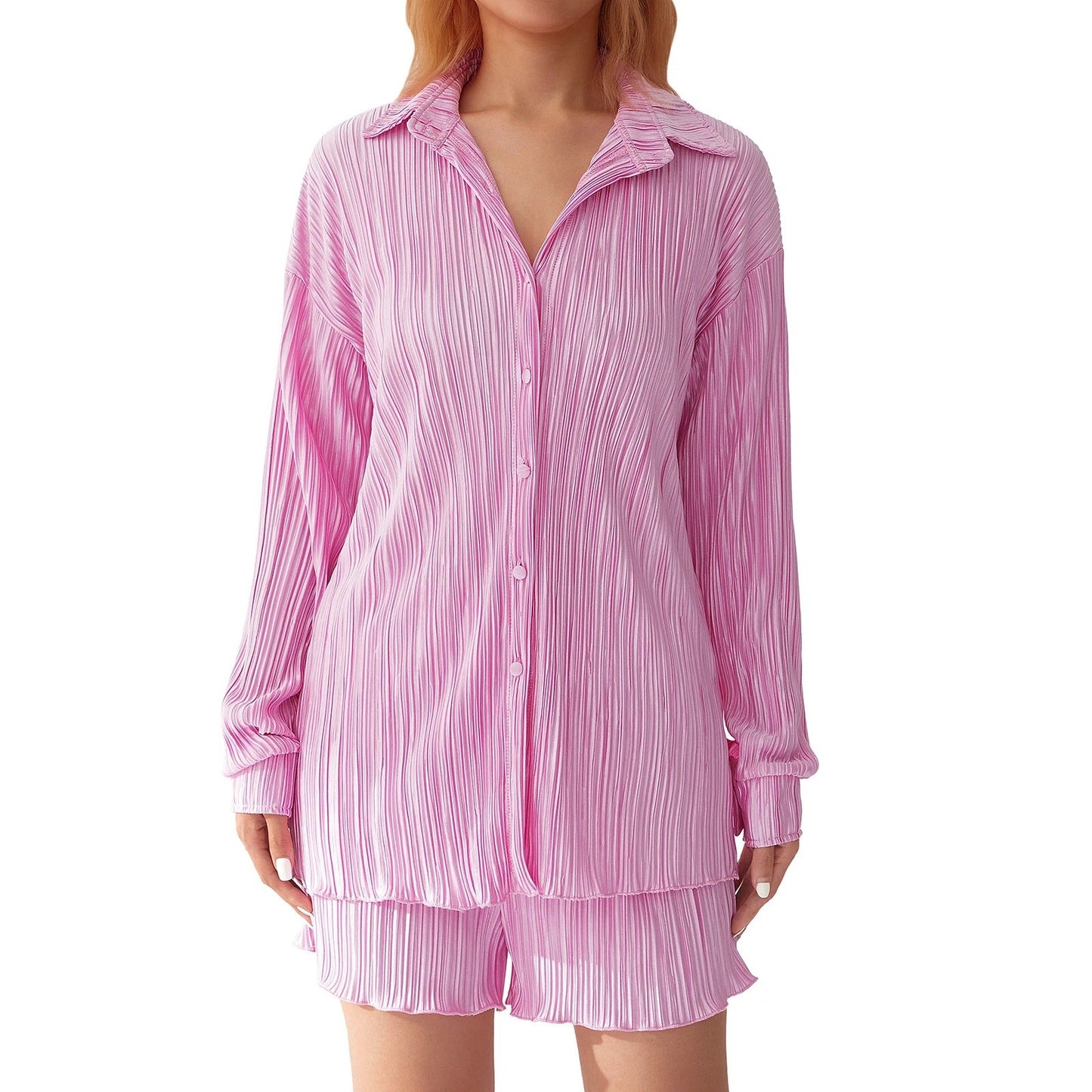 SOPHIA | RUCHED LONG-SLEEVE BUTTON-DOWN SHIRT & SHORTS SUIT