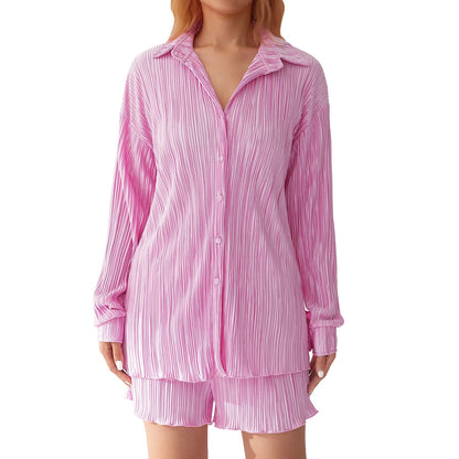 SOPHIA | RUCHED LONG-SLEEVE BUTTON-DOWN SHIRT & SHORTS SUIT