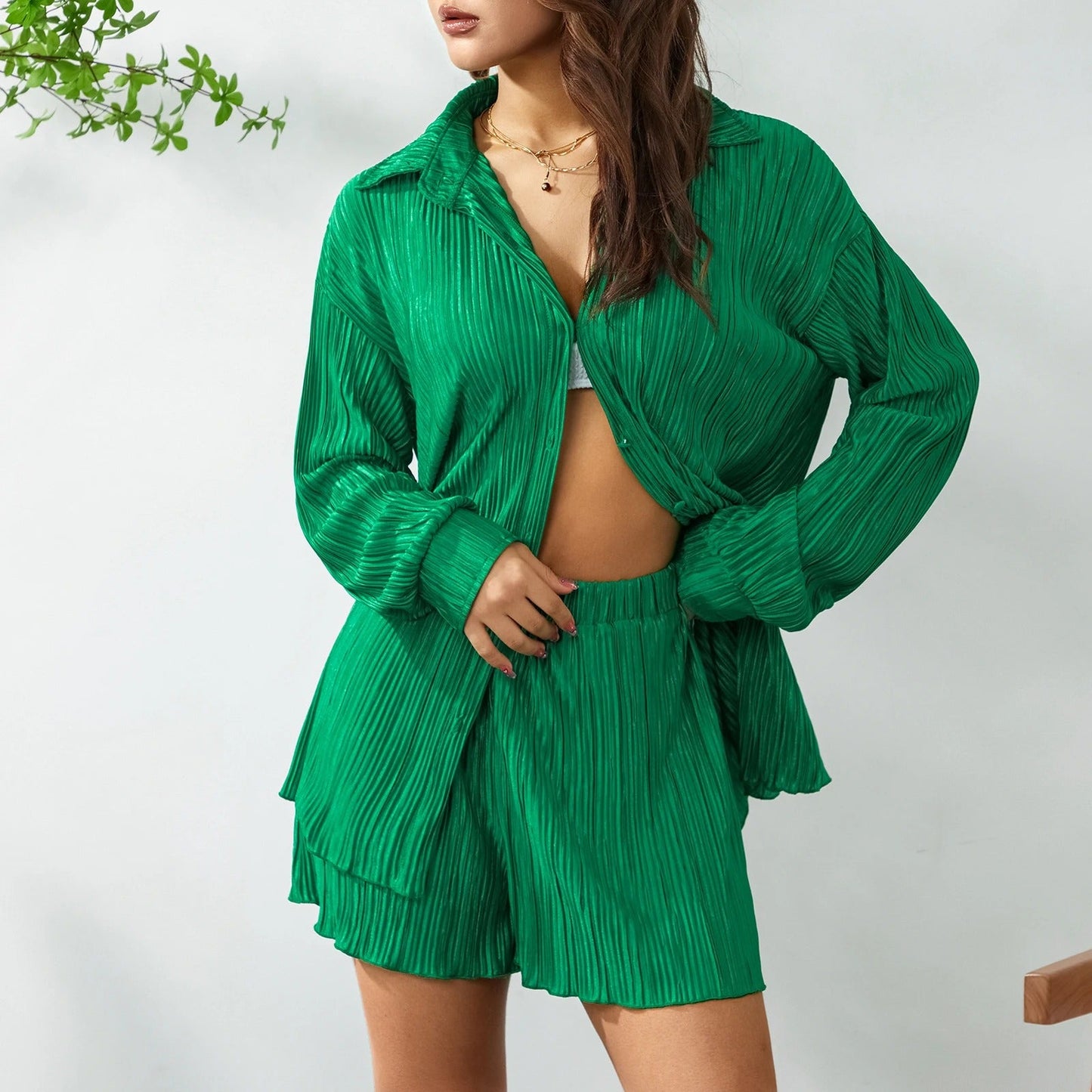 SOPHIA | RUCHED LONG-SLEEVE BUTTON-DOWN SHIRT & SHORTS SUIT