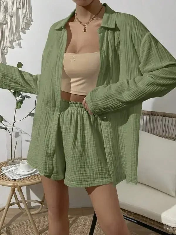 Elara | Solid Colour Long Sleeve Shirt & Loose Shorts Two-Piece Set